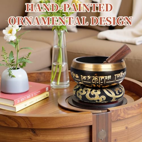 AKLOT HandMade Meditation Singing Bowl: Tibetan Sound Bowl Set with Pure Tone, Sound Bath Bowl with Cushion, Mallet, Carry Bag, Spiritual Gift for Chakra Clearing, Yoga, Prayer, Relaxation (5 Inch) - color: 5 inch Black