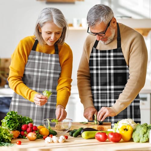 Apron with Pockets, 32x28 inch, 2 Pack, Plaid | Black Grey Grid Geometric Adjustable Bib with Pockets for Women Men Couple Lovers Chef Home Baking Gardening - color: Black Gray