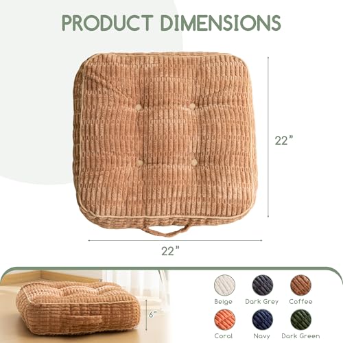 HIGOGOGO 6" Floor Pillow Cushion for Adults, Meditation Cushion Pillow, Blended Corduroy Cover, Large Square Floor Sitting for Tatami Living Room or Yoga, 22x22 Inch, Coffee - color: Square Coffee, size: 6" Thick(Pack of 1)