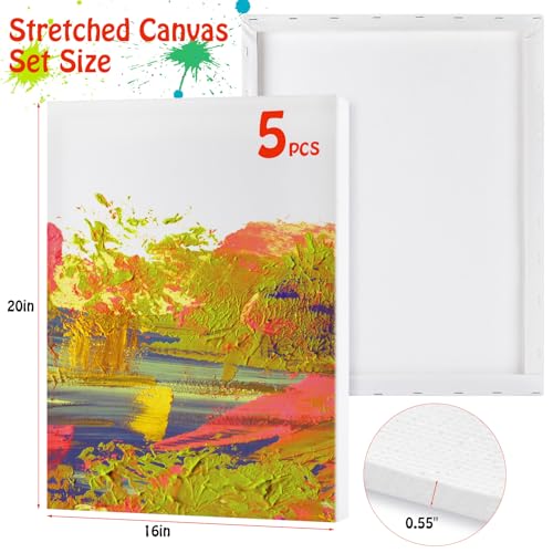 Stretched Canvas for Painting - 16x20 Inch/5 Canvas Value Pack - Triple Primer Acid Free 100% Cotton Blank Canvas for Painting Supplies Oil and Acrylic Pouring Art Watercolor - size: 5 Pack - 16x20 Inches