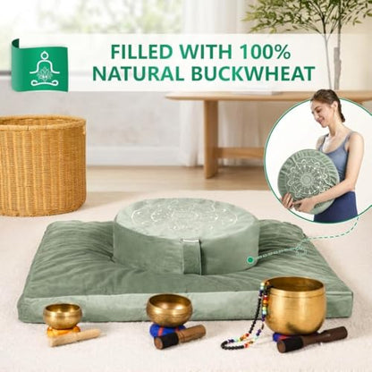 Hihealer Meditation Cushion, Traditional Tibetan Velvet Meditation Pillow | Buckwheat Yoga Bolster, Large Floor Cushion & Pillow for Adults, Zafu Zabuton Set, Zen Meditation Mat - color: Serenity Green(set)