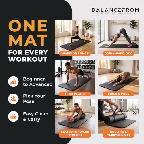 BalanceFrom 1-inch Thick 71x24 Inches Extra Thick Exercise Yoga Mat - color: Black