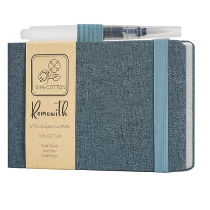 Watercolor Journal Sketchbook 3.5x5.5 24 Sheets Navy Blue | Cotton paper, 140 LB 300 GSM, Linen cover, Tap Water Pen, Travel sketching - color: Navy Blue, size: 3.5x 5.5 Inch