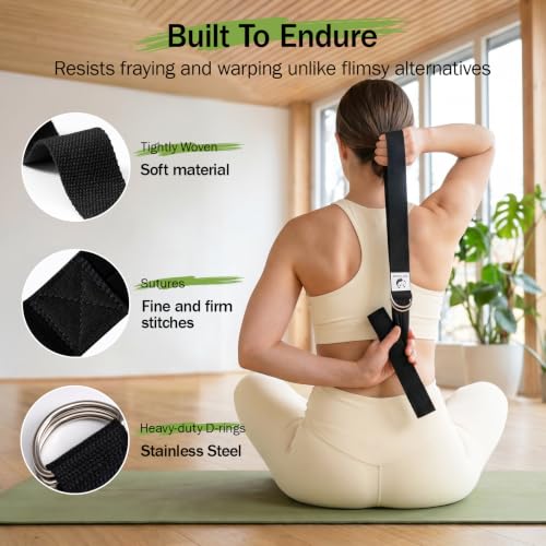 Slim Panda Yoga Strap for Stretching,Cotton Yoga Strap with Adjustable D-Ring Buckle,Non-Elastic Yoga Belt for Pilates,Gym Workouts,Physical Therapy,Improve Flexibility - color: Black, size: 8 Feet