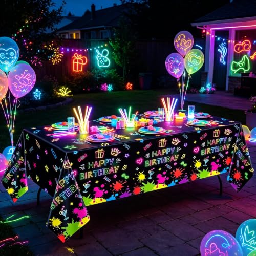 4 Pack Glow Party Table Covers Neon Tablecloths Disposable Plastic Neon Table Cloth Black Light Tablecloth Black Light Decorations Glow in The Dark Party Supplies Blacklight Decor 86 x 51 Inch