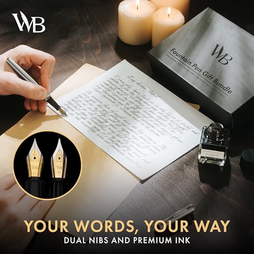 Wordsworth & Black Fountain Pen Gift Set, Medium & Extra Fine Nib, Silver | For Men & Women, Brass Body, 18K German Iridium, Ink Bottle + 6 Cartridges, Converter, Writing & Calligraphy, Journaling - color: Silver Chrome