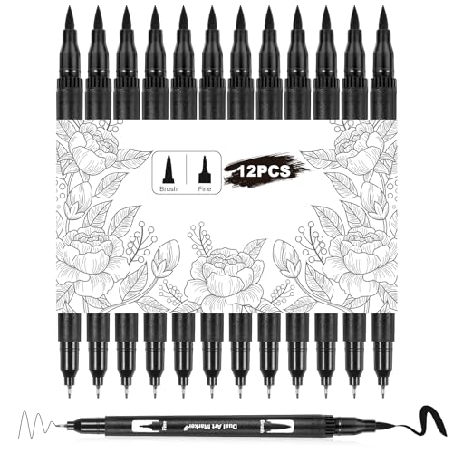 Qianyu 12 Pack Drawing Pens Black Felt Tip Markers Dual Brush Fineliners Pens Fine Calligraphy Brush Pens For Beginners Art Sketching Writing Hand Lettering Scrapbooking Journaling