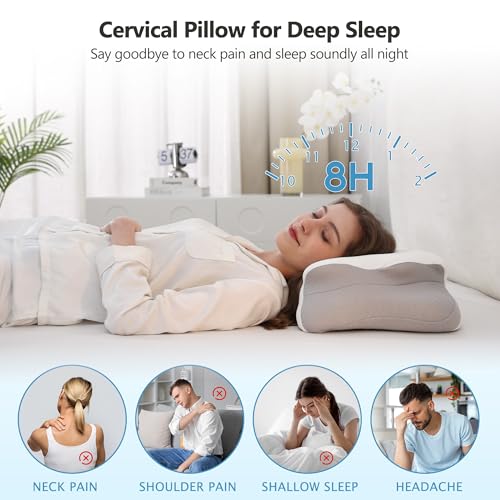Cervical Pillow for Neck Pain Relief, 5.5"/4.3" Dual Loft Memory Foam Pillow for Side,Back Sleepers with Broad Shoulders,Orthopedic Contour with Cooling Cover, Medium Firm,White,23.6x15.7 in