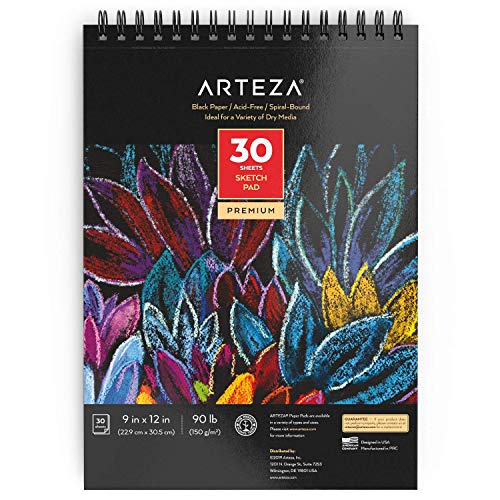 ARTEZA Spiral Sketch Book 9x12 Black Art Paper Drawing Pad 30 Sheets Sketch Pads for Drawing Adults & Teens - size: 1 Pack