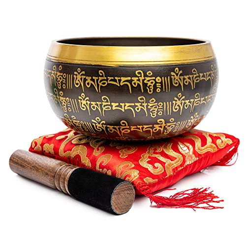 Tibetan Singing Bowl Set - 4" Easy To Play Authentic Handmade For Meditation Sound 7 Chakra Healing By Himalayan Bazaar (Black & Red) - color: Black - Red