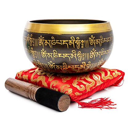 Tibetan Singing Bowl Set - 4" Easy To Play Authentic Handmade For Meditation Sound 7 Chakra Healing By Himalayan Bazaar (Black & Red) - color: Black - Red