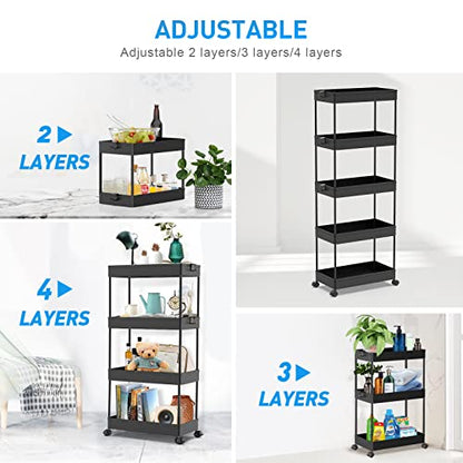 SPACEKEEPER 5 Tier Storage Rolling Cart, Bathroom Cart with Wheels, Black - color: Black, size: 5 Tier