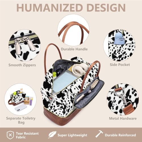 Large Women Travel Weekender Bag: Carry on Duffle with Shoe Compartment | Overnight Duffel Bags with Wet Pocket, Crossbody & Toiletry Bag, 3PCS Womens Traveling Tote Set for Hospital Gym Weekend Trip - color: Black Cow Print