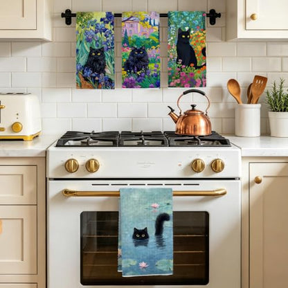 Jztco 4 Pcs Cute Cat Kitchen Towels, Floral Cats Absorbent Hand Tea Towel - color: Multi 1560