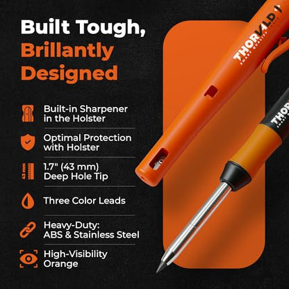THORVALD New Carpenter Pencils with Holster for Construction - Incl. 7 Leads + Sharpener - Solid Mechanical Pencils with Fine Point/Best Marking tools Construction/Carpenters/Scriber