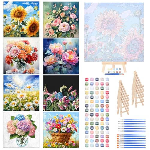 RoundFunny 8 Set Paint by Numbers Drawing Kit for Adults,Vibrant Blooms | 8x8 in. Mini Simple Painting Canvas Wooden Frame Easel Acrylic Paint Brush Funny Number Drawing Kit for Gift Wall Home Decor - style: Vibrant Blooms