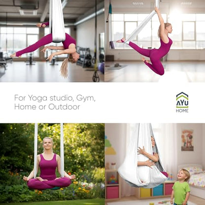 AyuHome Aerial Silks Yoga Swing Aerial Hammock Kit for Home | Premium aerial silks yoga swing kit with rigging hardware for aerial yoga, gymnastics, and home fitness - color: Aerial silk - White - New