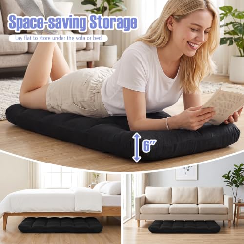 Giantex Adjustable Floor Gaming Sofa Chair 14-Position Cushioned Folding Lazy Recliner High Resilience Sponge, Breathable Cotton & Linen Fabric Sleeper Bed Couch Recliner (Black) - color: Black