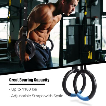 PACEARTH Gymnastic Rings 1100lbs Capacity with 14.76ft Adjustable Buckle Straps Pull Up Exercise Rings Non-Slip Rings for Home Gym Full Body Workout - color: Black
