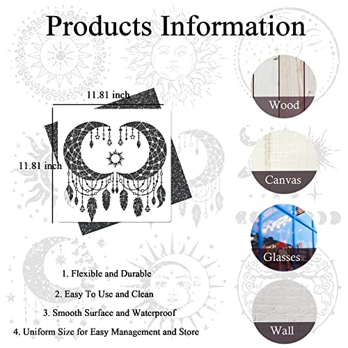 9 Pieces Large Mandala Sun and Moon Stencil Butterfly Flower Tree Paint Stencils for Crafts Reusable Templates Star Celestial Stencils for Painting Wood Wall Furniture Home Decor (Sun Moon)