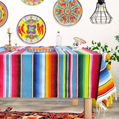 OurWarm 59 x 84 Inch Square Mexican Tablecloth Serape Blanket, Topic Blue - color: Blue