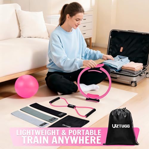 UZTUGG Pilates Equipment Kit at Home for Women, 4-in-1 Workout Essential Set with Pilates Ring, Fabric Resistance Bands, Figure 8 Resistance Band, Pilates Ball–Full Body Toning, Yoga & Stretching - color: pink pilates kit
