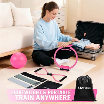 UZTUGG Pilates Equipment Kit at Home for Women, 4-in-1 Workout Essential Set with Pilates Ring, Fabric Resistance Bands, Figure 8 Resistance Band, Pilates Ball–Full Body Toning, Yoga & Stretching - color: pink pilates kit