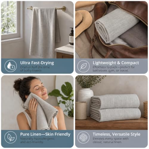 Pure 100% Linen Bath Towel - 30x55-inch Lightweight Travel Towel Flat Weave - color: Light Gray, size: Bath Towel