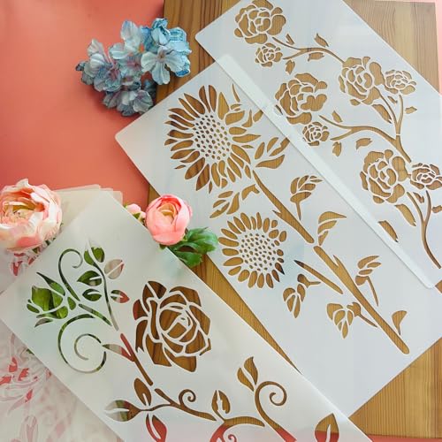 Flower Stencils for Painting, 6 Pcs 12 x 6 Inch for Wood Signs Canvas | Reusable & Easy to Clean, Botanical Patterns, Large Pattern Layouts, Painted Boards, Furniture Panels, Beginner Friendly - color: Large Flower
