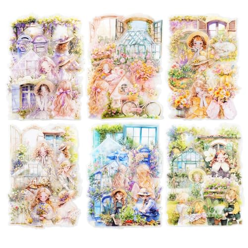 90 Pcs Garden Girl Stickers for Scrapbooking and Journaling | PET material with girls, flowers, greenhouses and cottage garden scenes for junk journals, collage, planners and card making - color: Healing Garden