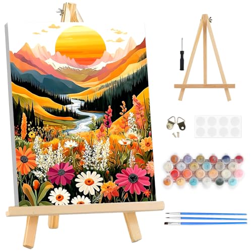 TOSTOG Golden Valley Wildflowers Framed Canvas Paint by Numbers Art Kit for Adults and Kids, Beginner Acrylic Oil Painting Supplies with Wooden Frame for Home Wall Decor 25 * 35 cm/10 * 14 in - color: Golden Valley Wildflowers