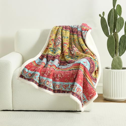 Boho Chic Sherpa Fleece Throw Blanket with Ultra-Soft Cozy Lining,Bohemian Patterned Throws for Sofa,Couch,Bed - color: Boho-red, size: 50" x 60"