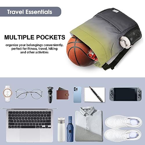 Drawstring Backpack Sports Gym Sackpack with Mesh Pockets Water-Resistant String Cinch Beach Bag for Men Women(Yellow Black) - color: Yellow Black