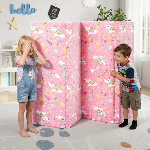 MeMoreCool Kids Floor Mattress, 48x72 Inch Foldable Play Mat, Pink Unicorn - color: Pink Rainbow