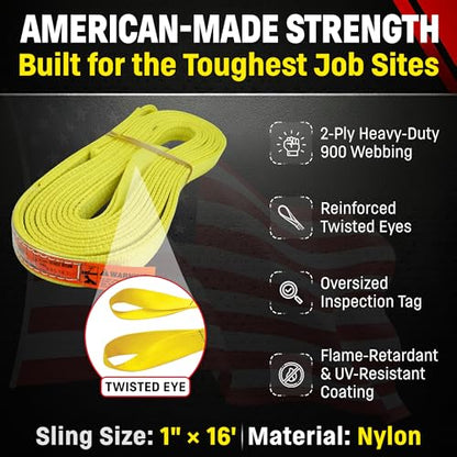 DD Sling 1 Inch x 16 Foot Nylon Lifting Sling – USA Made, 3,200 lb Vertical, 2,600 lb Choker, 6,400 lb Basket – 2-Ply Heavy Duty 900 Webbing, Type 4 Twisted Eye & Eye Rigging Sling - size: 1 in x 16 ft