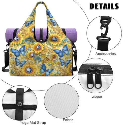 Gym Bag with Yoga Mat Holder Large Tote Bag With Multi Pockets for Women Men Dry Wet Separated Pocket Carryall Yoga Tote Bag for Pilates Travel Workout Office - color: Butterfly