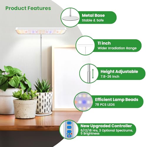 Wiaxulay Grow Light, 11in Full Spectrum Desk Plant Light for Indoor Growing | 78LEDs Grow Lamp with Auto Timer 6/12/16 Hrs, 3 Lighting Modes, 5 Dimmable Levels, Height Adjustable 7.8"-26" for Seedling - size: 1 Pack(White)