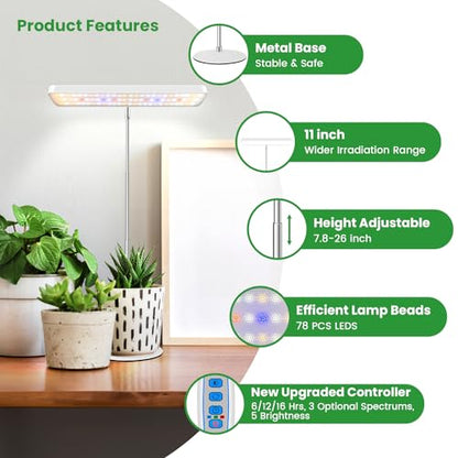 Wiaxulay Plant Grow Light, 11in Full Spectrum for Indoor Plants with Base | Desk Growing Lamp with Metal Base, 7.8-26in Adjustable, 6/12/16H Timer, 3 Lighting Modes, 5 Dimmable Levels for Small Plants - size: 2 Pack(White)