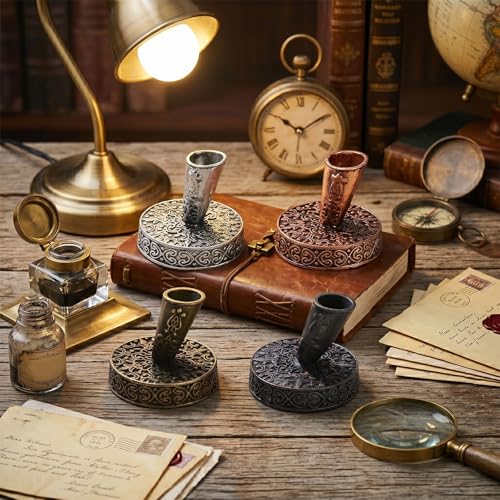 TXIN 4 Pieces Vintage Round Metal Feather Pen Holder, Retro Feather Quill Dip Pen Stand Base, Antique Pen Insertion Plug for Office Supplies Student Stationery Gift