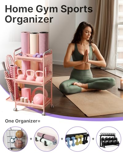 YOTTOY 3-Tier Gym Storage Rack for Home Gym–Multi-Functional Weight Rack, Dumbbell Rack, Yoga Mat Holder with Side Basket & 6 Hooks, Gym Equipment Organizer - color: Pink
