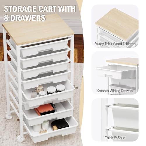 Rolling Cart with 8 Drawers, Storage Drawers Cart with Wooden Tabletop and Lockable Wheels, Craft Storage for Living Room, Office, Classroom, Craft Room, Bedroom - color: White