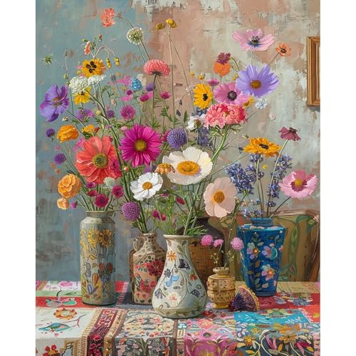 PRASIO Flowers Paint by Numbers Kit for Adults Beginner 16x20 Inch | DIY Acrylic Adult Paint by Numbers Kit on Canvas, Floral Number Painting for Adults, for Home Wall Decor, for Gift - color: XM-OP-ColorfulVases-4050