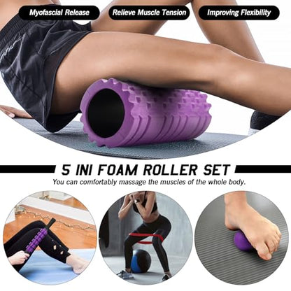 5 in 1 Foam Roller Set High Density Patented Foam Roller for Exercise | Foam Roller Massage Stick, Massage Ball, Resistance Band for Deep Muscle Massage Pilates Yoga Trigger Point Release Purple - color: Violet