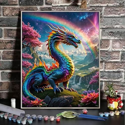 ldazao Dragon Paint By Numbers Kit for Adults Beginner with Frame Wooden Easel Colourful Dragons Adult Paint By Number Kits for Gift Home Wall Decor 16x20 Inch - color: FDD51
