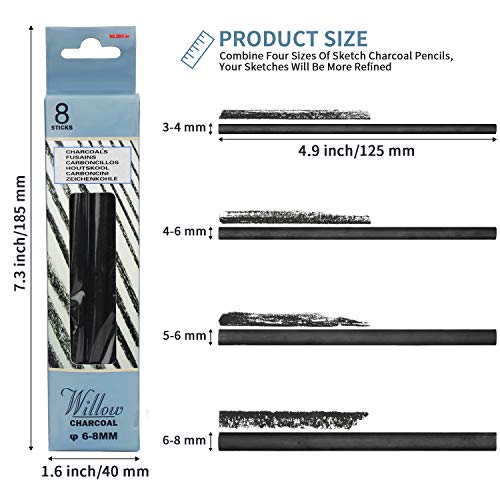 MyLifeUNIT 6 Pack Compressed Charcoal Sticks (2 Soft, 2 Medium and 2 Hard), 48 PCS Willow Charcoal Pencils for Artists Drawing