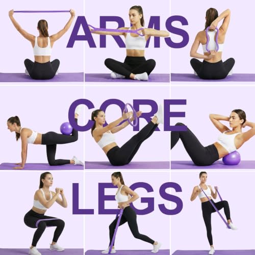 Home Pilates Ring and Ball Set for Women with 5 Resistance Bands 13 inch Magic Circle Workout Starter Kit for Beginners Full Body Toning 15 Min Daily Routine - color: Purple Mix