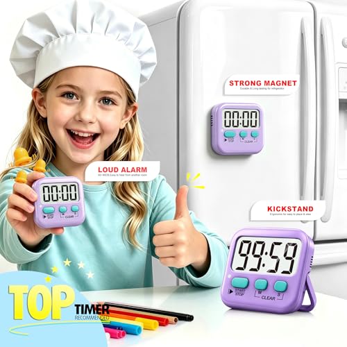 Antonki 2 Pack Digital Timer for Kids Classroom Kitchen Timers for Cooking | w/ Battery, Easy to View, Alarm, Mute Mode, Count Down/Up, Magnetic, Kickstand, Hanging, Classroom Timer for Teacher Supplies - color: Fresh Purple