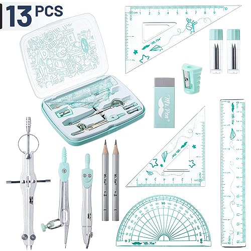 Mr. Pen- Geometry Set, 13 pcs, 3 Metal Compasses, Protractor, 6" Ruler | 45° & 30°/60° Set Squares, Pencils, Lead Refills, Sharpener & Eraser for Math, Drafting & Classroom Use | 45° & 30°/60° Set Squares, Pencils, Lead Refills, Sharpener & Eraser for Mat