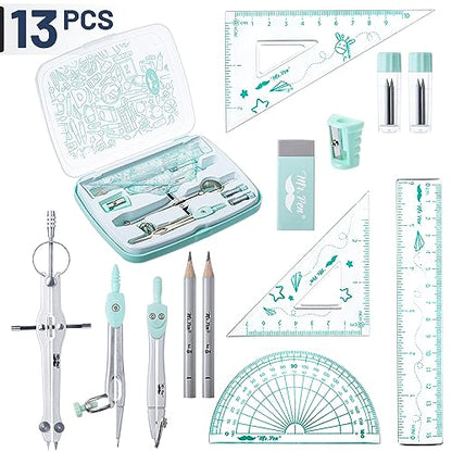 Mr. Pen- Geometry Set, 13 pcs, 3 Metal Compasses, Protractor, 6" Ruler | 45° & 30°/60° Set Squares, Pencils, Lead Refills, Sharpener & Eraser for Math, Drafting & Classroom Use | 45° & 30°/60° Set Squares, Pencils, Lead Refills, Sharpener & Eraser for Mat