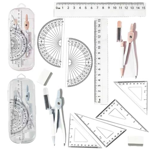 2Packs Maths Set, 7Pcs Protractor and Compass Set Geometry Sets for Secondary School Stationery Supplies - Math Ruler Compasses Geometry Sets Case for Student Secondary Stationary Supplies